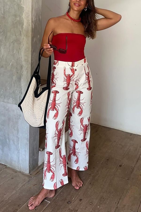 Women's Clothing Summer Crayfish Print Bow Leisure Two Piece Suit_ecoleips.com