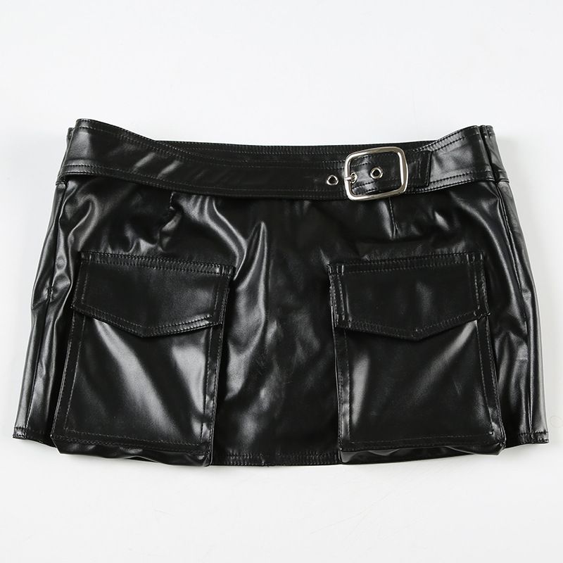 Verve Fashion Street Sexy Split Rivet Leather Adjustable Waistband Cool Girl Zipper Pleated Short Skirt_ecoleips.com