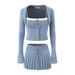 Women’s Knitwear 3-Piece Set – Chic Cardigan + Camisole + Pleated Skirt, Autumn & Winter Layering Essentials (Blue, Beige, Gray)_ecoleips.com