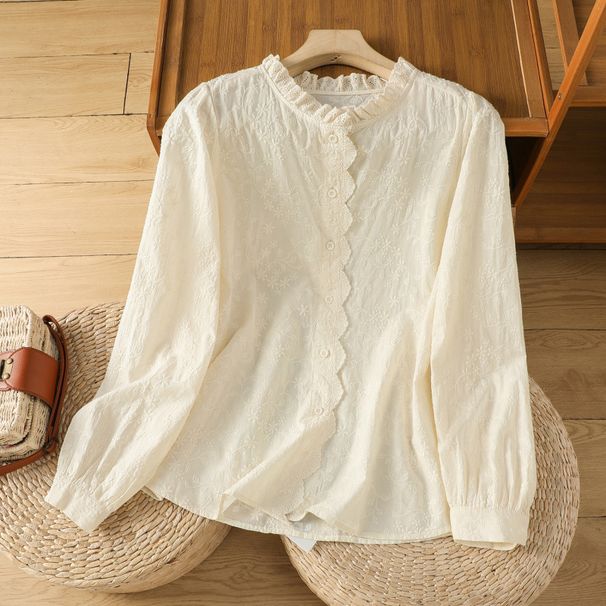 Women's Long Sleeved Blouse Lace Trimmed Embroidered Cotton Base Layer Top Spring 2026 New Style_ecoleips.com