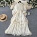 Elegant High-Waisted A-Line Dress for Women Summer Long Sleeve Three-Dimensional Floral Pattern Luxury Feel_ecoleips.com