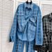 Women's Clothing design heavy diamond plaid denim shirt top loose hot diamond casual jeans suit_ecoleips.com