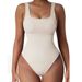 LazyZoom Square Neck Ribbed Triangle Panty One-piece Bodysuit Shapewear Thong Quick-dry Breathable Tight-fitting Yoga Suit_ecoleips.com