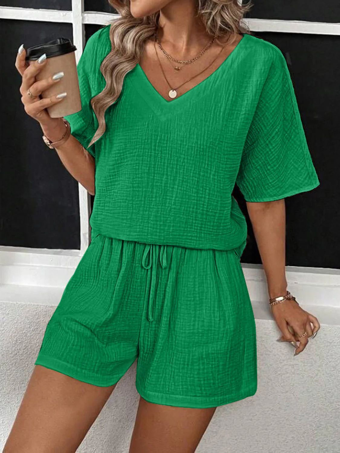 Women's Clothing Women's Summer New Casual 2 Piece V Neck Half Sleeved Top And Shorts Set_ecoleips.com