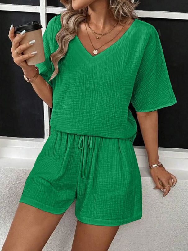 Women's Clothing Women's Summer New Casual 2 Piece V Neck Half Sleeved Top And Shorts Set_ecoleips.com