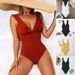 New Sexy European And American One Piece Bikini Solid Color Ruffled V Neck Swimsuit Female Cross Border Swimwear_ecoleips.com