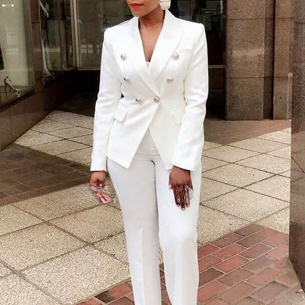 Women Pants Set Two Piece Sets Turn Down Collar White Blazer Elegant Coats Matching Sets Work High Waist Long Pants Suits_ecoleips.com