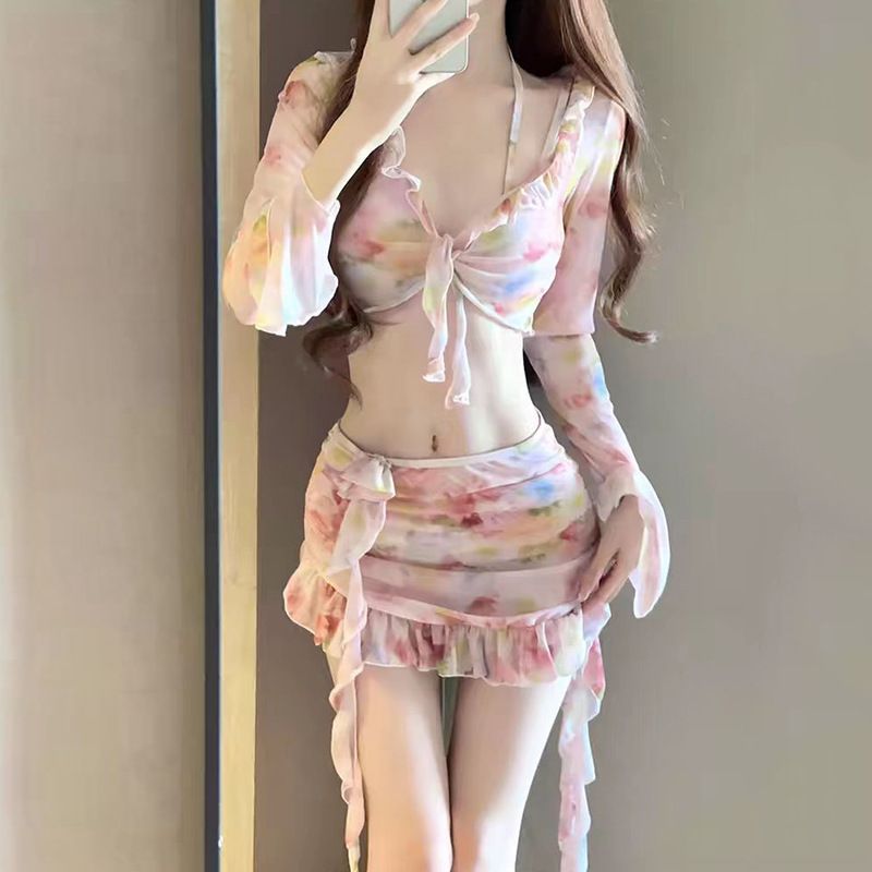 Women's Long Sleeve Swimsuit Four Piece Set Printed Push up Underwire Sexy Beachwear One Piece Swimwear_ecoleips.com
