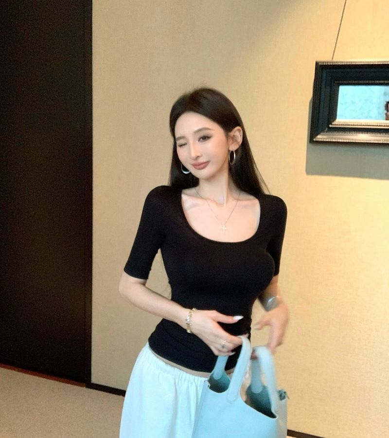 ng2510292 Women's Summer Top With A High-end Feel, Simple And Versatile, Solid Color Basic Style, Slim Fit, U-neck, Trendy,_ecoleips.com