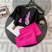 Women's Summer Two-Piece Set - Black Short Sleeve T-Shirt & Pink Wide Leg Pants, Casual Sporty Outfit_ecoleips.com