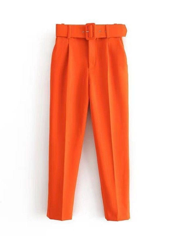 Women's High-Waisted Straight Leg Pants With Belt - Slim Fit Cropped Ankle Pants - Stretchy Polyester Casual Trousers For Daily Wear_ecoleips.com