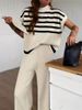 Women's High-End Striped Knitted Pant Set Casual Slim Fit Vest Top And Wide Leg Pants Spring/Autumn Fashion_ecoleips.com