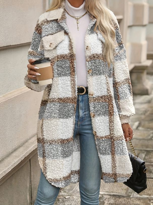 Warm Plaid Wool Coat For Women – Oversized Long Sleeve Trench Coat (4 Classic Colors, Thickened Winter Style)_ecoleips.com
