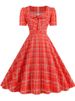 Pink Plaid Swing Party Dresses Women Elegant Vintage Square Collar Short Sleeve Casual Summer Dress_ecoleips.com