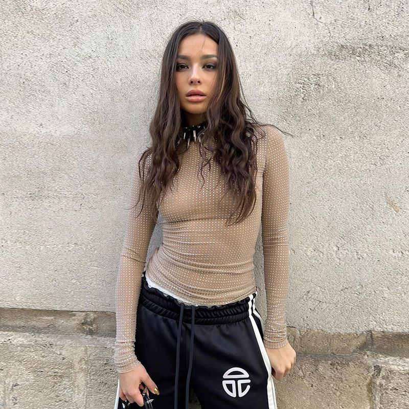 Slim Fit Elegant T-Shirt for Women Sexy Sheer Long Sleeved Top European American Style Versatile Inner Wear_ecoleips.com