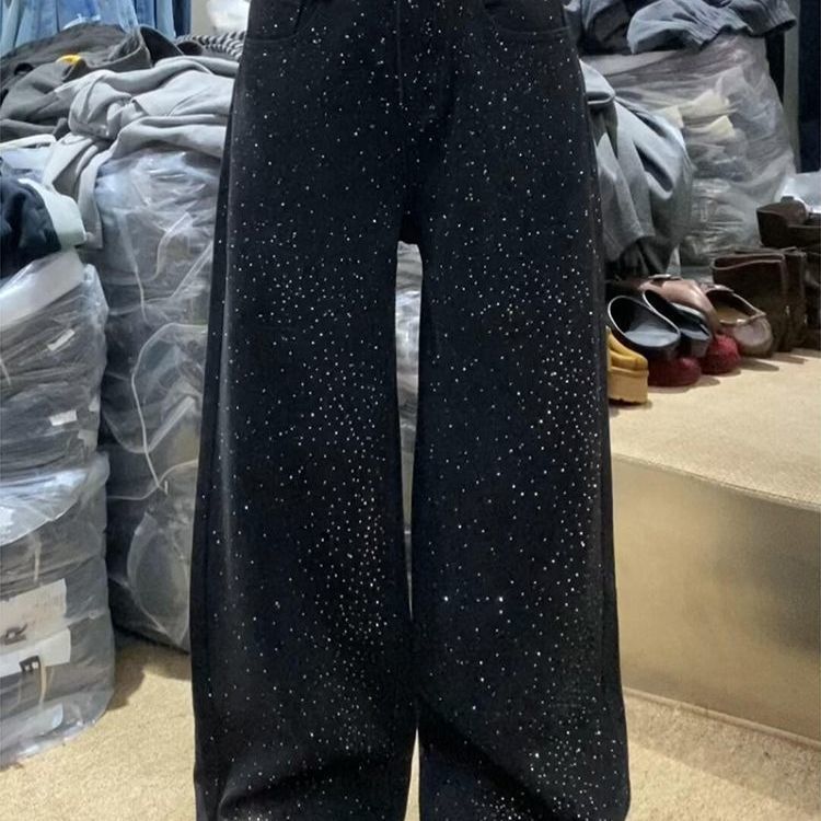 Vintage American Glam Rhinestone Jeans For Women - Loose Fit, Relaxed, High-Waisted Flared Pants With Sparkling Embellishments_ecoleips.com