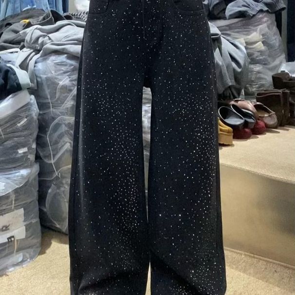 Vintage American Glam Rhinestone Jeans For Women - Loose Fit, Relaxed, High-Waisted Flared Pants With Sparkling Embellishments_ecoleips.com