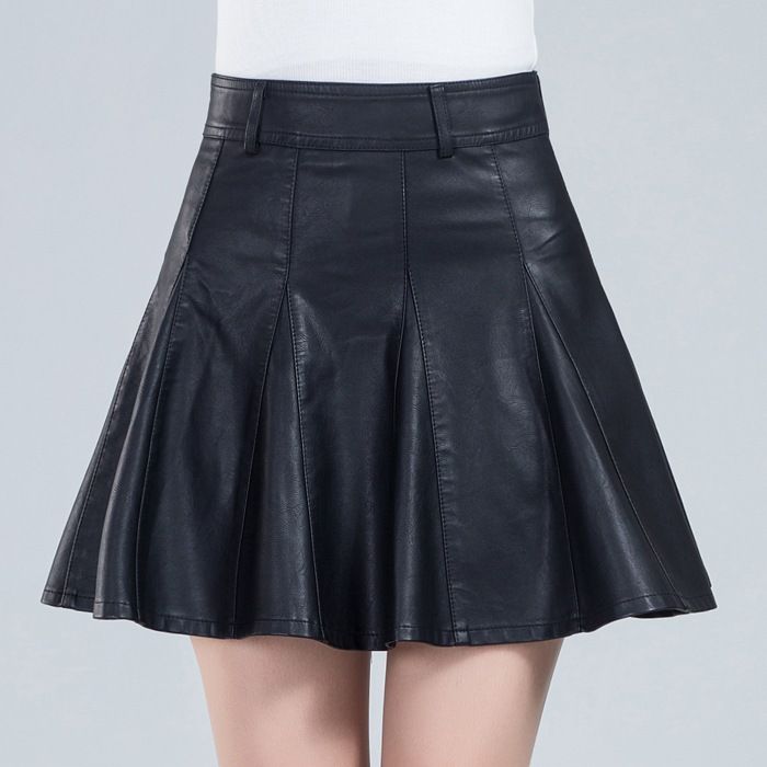 Verve 2025 New Short Women's Autumn Winter Slimming Plus Size A-line Pleated PU Leather Skirt_ecoleips.com