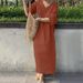New Women's Loose Short Sleeved V-neck Solid Color Large Cotton And Linen Long Skirt_ecoleips.com