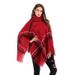 Cape Sweater – Asymmetrical Fringe Poncho With High Neck (Oversized Batwing Sleeves, Red/Black Plaid)"_ecoleips.com