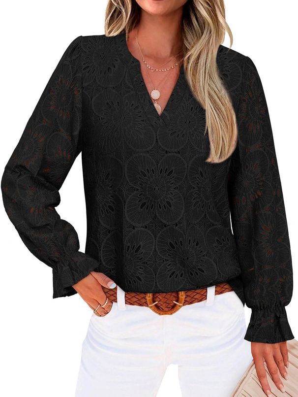 Elegant V-Neck Women's Lace Blouse Long Sleeve Jacquard Embroidery Top for Casual Office Wear_ecoleips.com