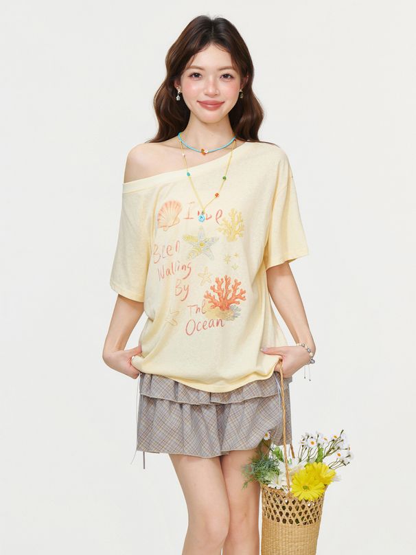 Stylish One-shoulder Printed Thin Short-sleeve T-shirt For Women, 2026 Summer New Style, Spicy Girl Style Loose Top_ecoleips.com