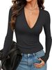 Women's Clothing Slim Fit Ribbed Knit Top Sexy Deep V Neck Long Sleeved Casual Basic T-Shirt American Style 2026_ecoleips.com