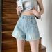2025s Design Sense Light-colored Denim Shorts With Rolled Hem, High Waist, Loose Fit, Slimming, Petite, Plus Size, A-line_ecoleips.com