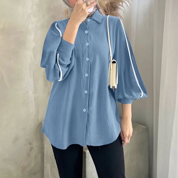 Women Long Lantern Sleeve Tops Muslim Solid Color Casual Shirts Elegant Work Shirts_ecoleips.com