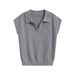 Women's Knitted Polo Vest Top, Grey Sleeveless Lapel V-Neck Sweater Waistcoat With Embroidery, Casual Slim Fit Knit Tank Top For Daily Wear Streetwear_ecoleips.com