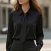 2025 European And American Cross-Border New Autumn Solid Color Casual Tie Long Sleeve French Shirt Women's Blouse_ecoleips.com