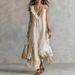 Women's Solid Color Sleeveless V-Neck Cotton Linen Swing Dress American Style Spring/Summer New Full-Length Dress_ecoleips.com