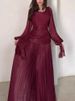 Women's Fashion Draped Design Solid Long Dress 2026 Casual Commute Waist Party Dresses Elegant O-neck Long Sleeve Evening Dress_ecoleips.com