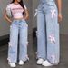Women's Clothing Women's Bow Detail Straight Leg Jeans - High Waist Loose Wide Leg Pants For Casual Streetwear (Light Blue/ Dark Blue, Sizes 27-30)_ecoleips.com