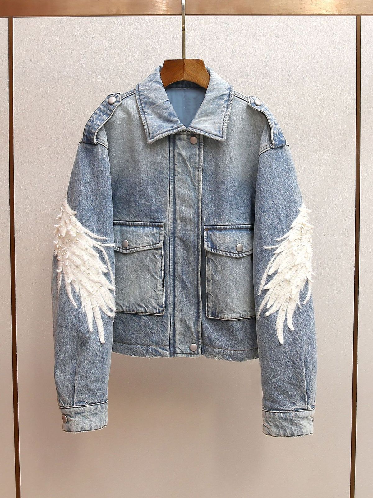Women's Winter Denim Jacket Korean Style Beaded Lapel Cotton Coat_ecoleips.com