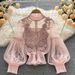 Women's Clothing Three Dimensional Flower Collage See Through Mesh Lantern Sleeve Slim Short Top Women's Lace Bottoming Shirt_ecoleips.com