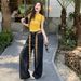 Sweet Cool Spicy Girl Set For Women Summer Rhinestone Slim Fit Yellow Letter T-Shirt + High Waist Plaid Patchwork Jeans_ecoleips.com