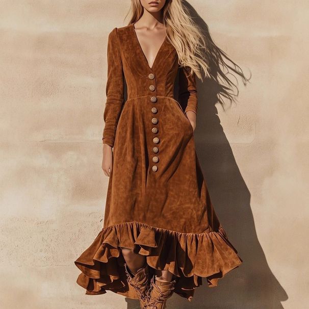 Women's Clothing Elegant Velvet Wrap Dress – V-Neck Long Sleeve With Belted Waist & A-Line Silhouette (S-XXL)_ecoleips.com