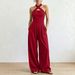 Women's Clothing Elegant Off-Shoulder Sleeveless Crossover Halter Jumpsuit Solid Color Woven Striped Waist Cinching Wide Leg Pants For Women Summer_ecoleips.com
