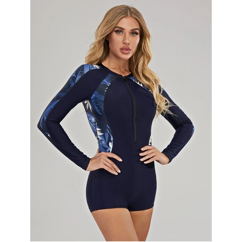 Slimming One Piece Swimsuit Long Sleeved Zippered Conservative Print European American Style Flat Front Diving Suit for Women_ecoleips.com