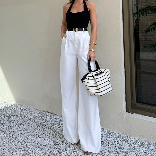 Women's Clothing High-Waisted Straight Leg Trousers Fashion Autumn Style Casual Solid Color American Design Bottoms_ecoleips.com