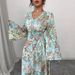 Muslim Dress Women Elegant Floral Print V-Neck A-Line Maxi Dress With Bell Sleeves & Adjustable Waist – Feminine & Stylish For Women_ecoleips.com