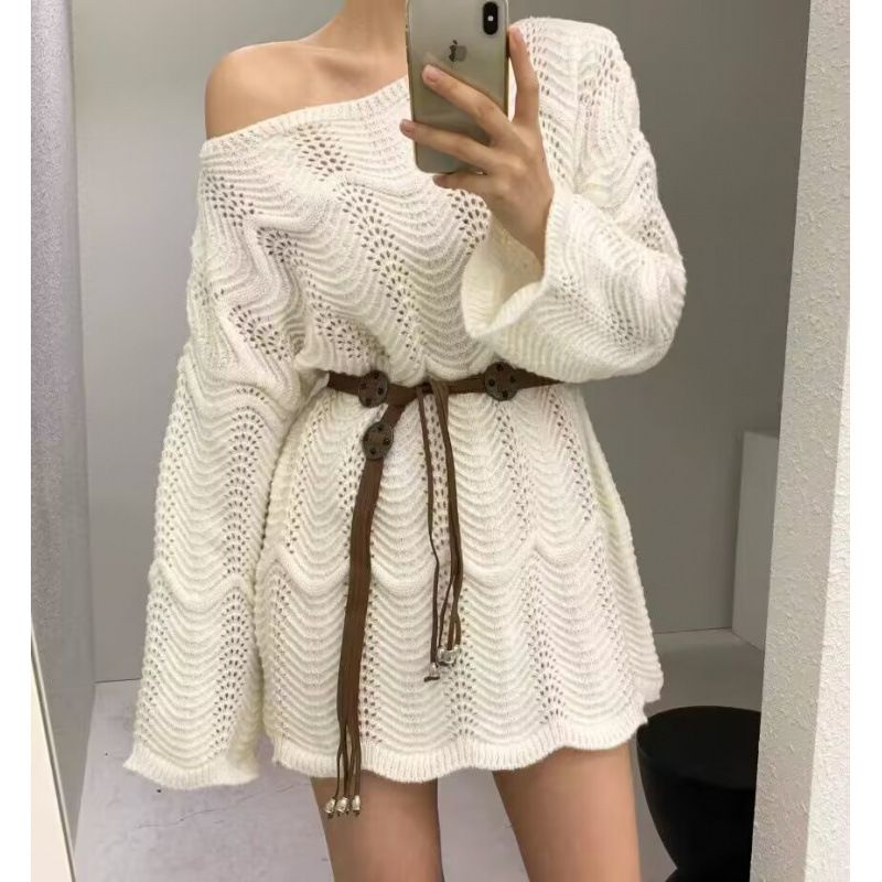 Medium-Length Openwork Crochet Sweater Dress With Loose Collar And Retro Bohemian Belt_ecoleips.com