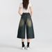Women's American Retro Distressed Blue Cropped Jeans Summer Thin Loose Fit Mid-Length Over The Knee Wide Leg Shorts_ecoleips.com
