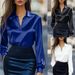Elegant Satin V-Neck Blouse For Women - Fall Office Wear, Wrinkle-Resistant & Lightweight (Black, White, Blue) - S To Xxl_ecoleips.com