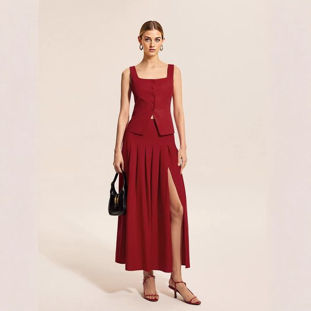 Tailored Sleeveless Vest & Flared Wrap Skirt Set – Sculpted Waist, Split Hem, 97% Polyester-3% Spandex, 564g Work-To-Weekend Elegance_ecoleips.com