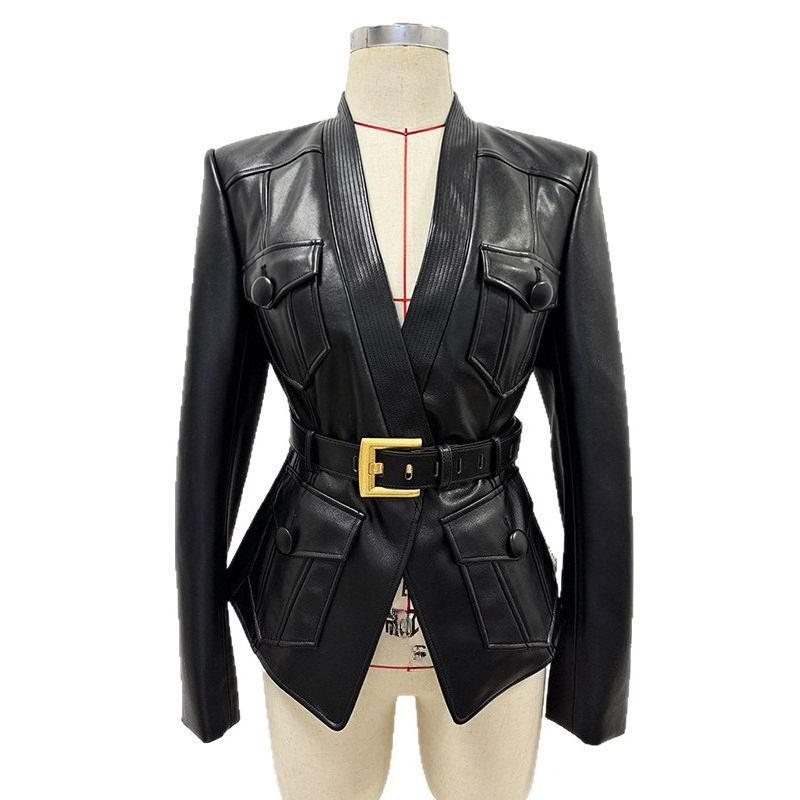 K New Women's Fashion Belt Slim Fit Leather Jacket Jacket_ecoleips.com