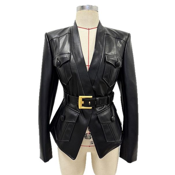 K New Women's Fashion Belt Slim Fit Leather Jacket Jacket_ecoleips.com
