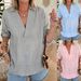 Women's V Neck Pullover Shirt Simple Solid Color Long Sleeved Loose Fit Cotton Linen Blend Style By European American 2026_ecoleips.com