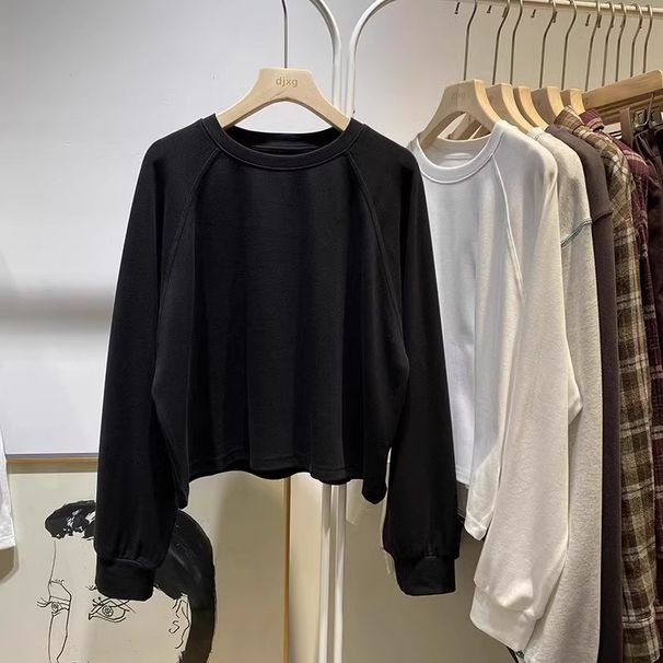 American Style Space Cotton Solid Color Raglan Long Sleeve T-Shirt For Women Spring Korean Version Plus Size Loose Base_ecoleips.com